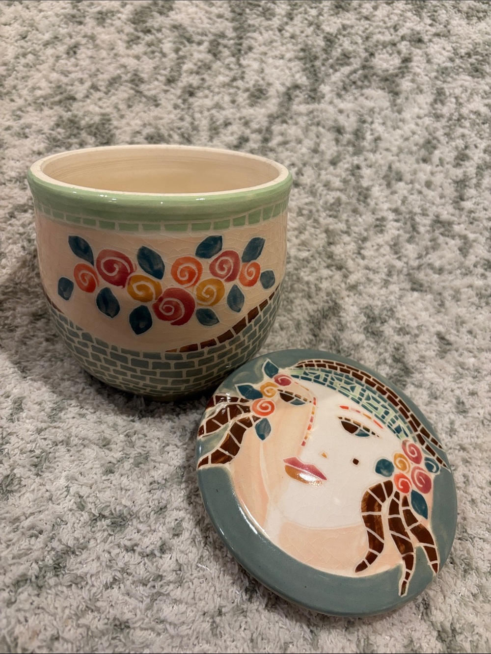 Decorative Floral Ceramic Jar with Lid - Sage and Multicolor Mosaic Glazing NWT